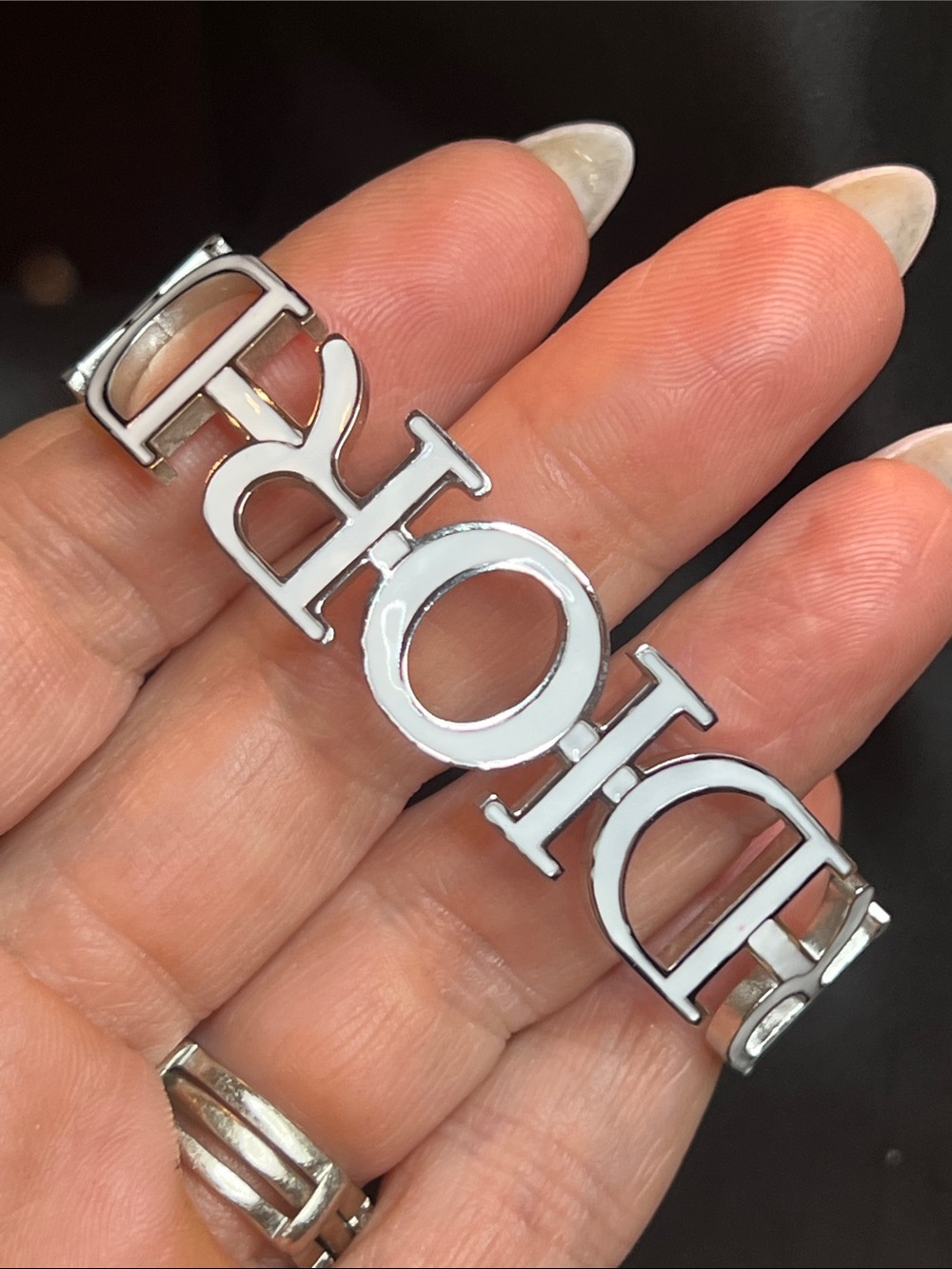 Silver White Enamel Logo Bracelet Accent - Designer Style